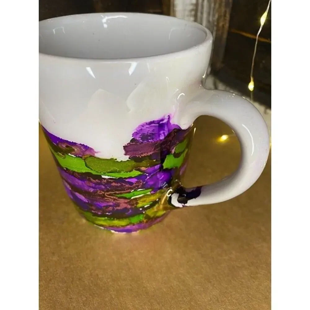 Coffee Tea Cup Mug Handmade Purple Green Gold Abstract Painted 4.5 X 3.5 in